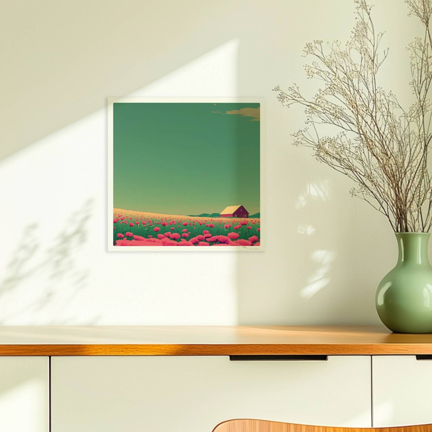 Romantische Wiese mit pinken Mohnblumen und roter Scheune unter weitem Himmel – friedliche, farbige Landschaftsillustration.. Ohne Rahmen 30x30