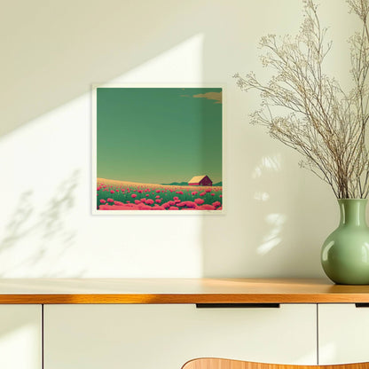 Romantische Wiese mit pinken Mohnblumen und roter Scheune unter weitem Himmel – friedliche, farbige Landschaftsillustration.. Ohne Rahmen 30x30
