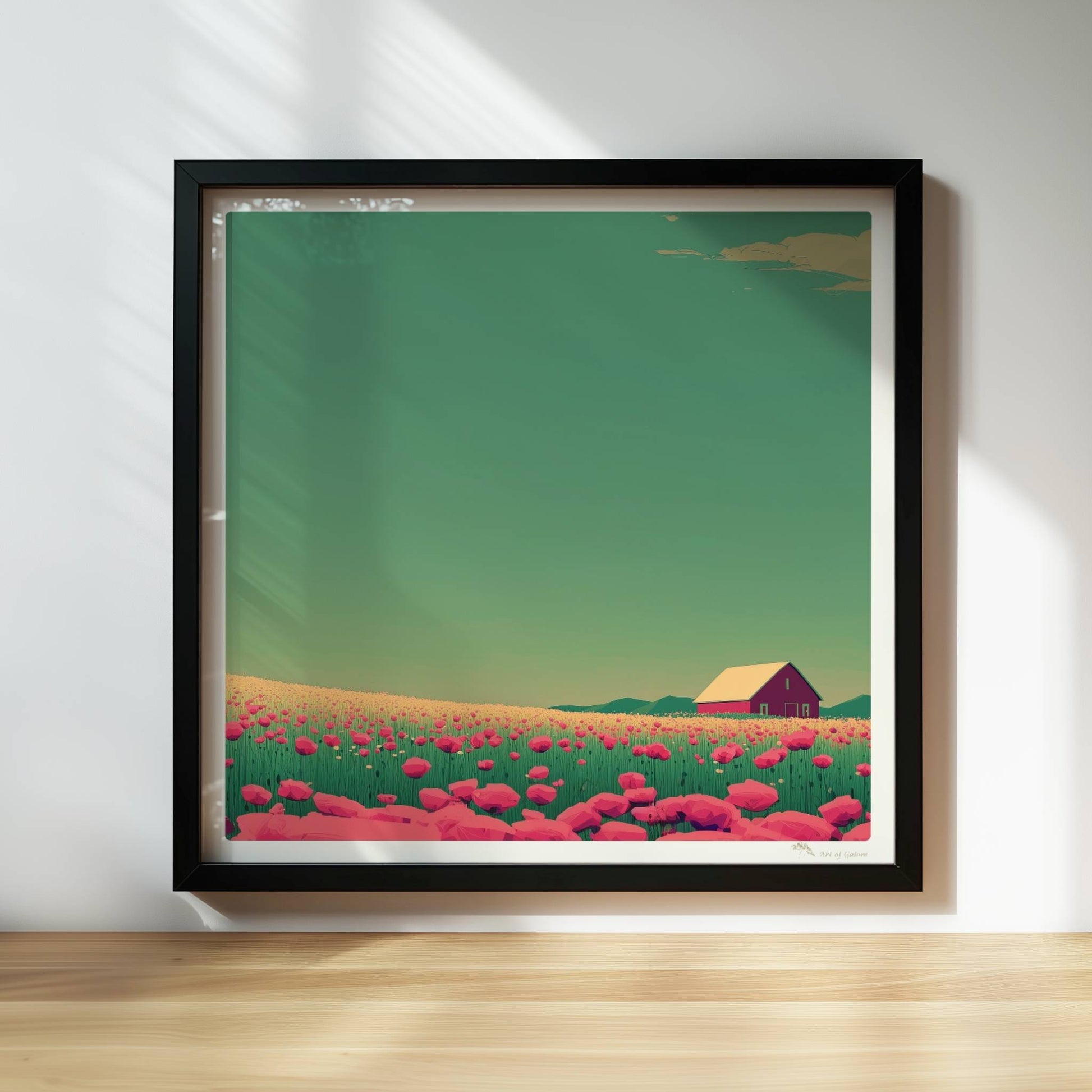 Romantische Wiese mit pinken Mohnblumen und roter Scheune unter weitem Himmel – friedliche, farbige Landschaftsillustration.. Rahmen schwarz 30x30
