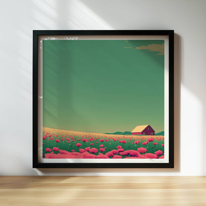 Romantische Wiese mit pinken Mohnblumen und roter Scheune unter weitem Himmel – friedliche, farbige Landschaftsillustration.. Rahmen schwarz 30x30