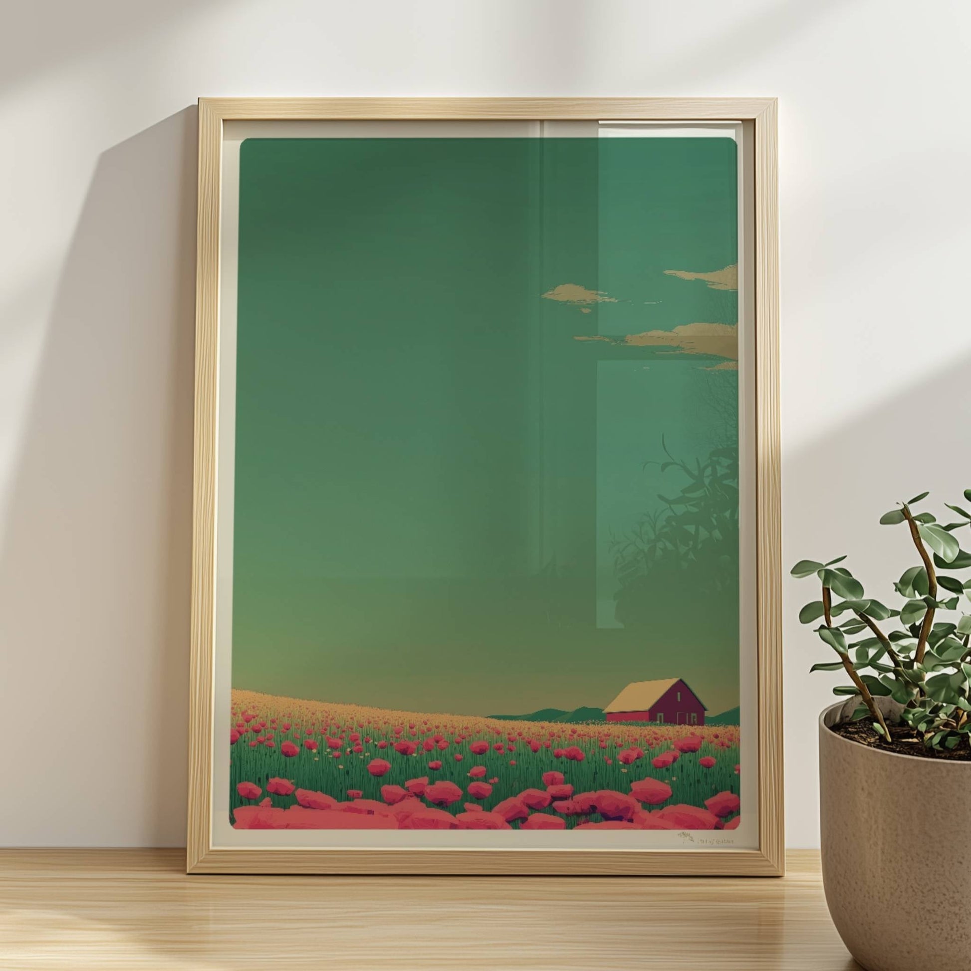 Romantische Wiese mit pinken Mohnblumen und roter Scheune unter weitem Himmel – friedliche, farbige Landschaftsillustration.. Rahmen natur 30x40
