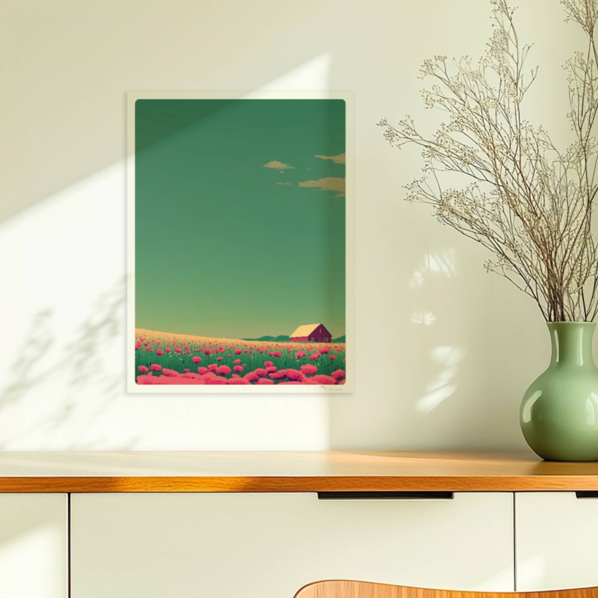 Romantische Wiese mit pinken Mohnblumen und roter Scheune unter weitem Himmel – friedliche, farbige Landschaftsillustration.. Ohne Rahmen 30x40