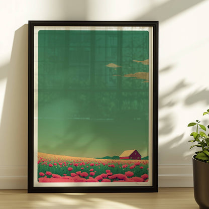 Romantische Wiese mit pinken Mohnblumen und roter Scheune unter weitem Himmel – friedliche, farbige Landschaftsillustration.. Rahmen schwarz 30x40