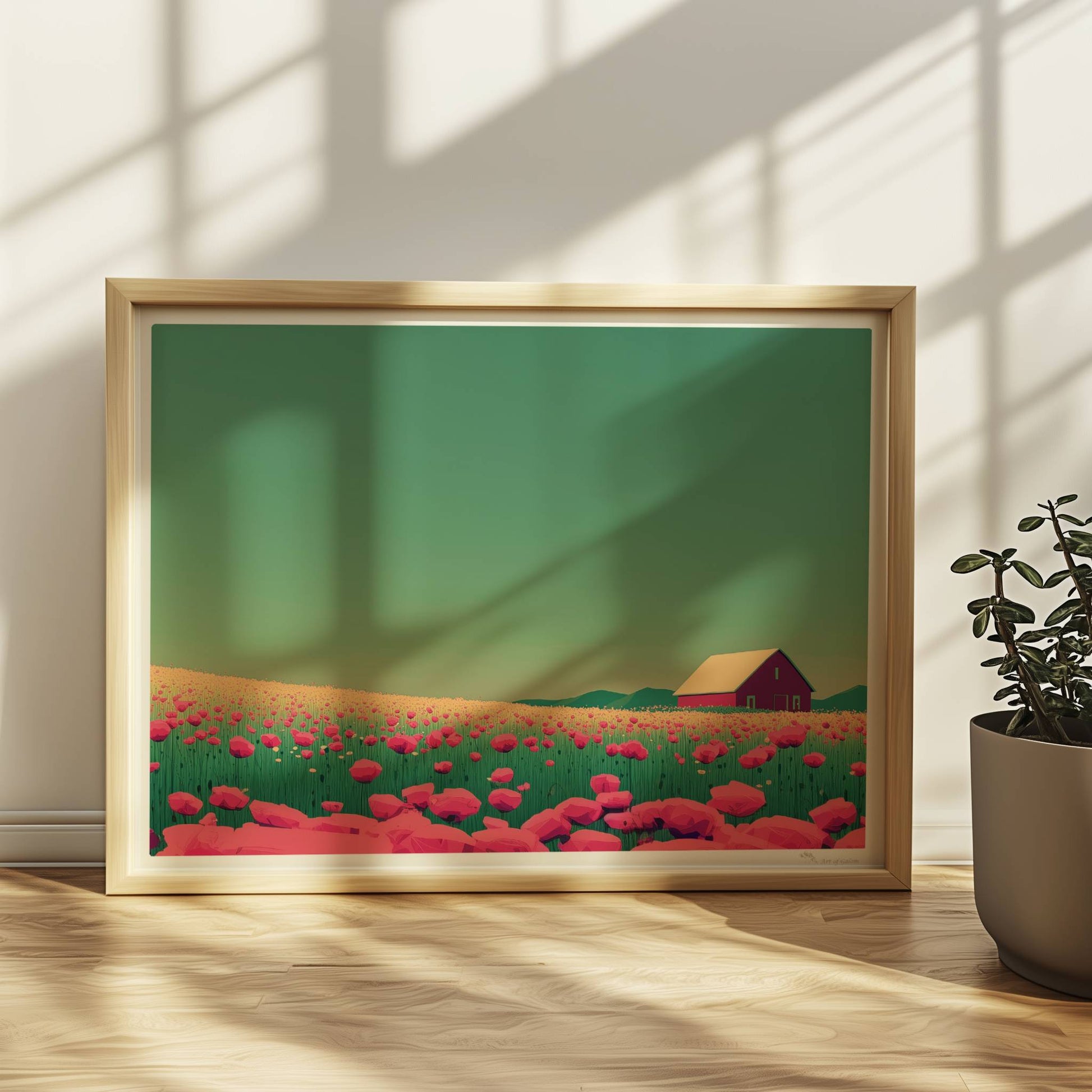 Romantische Wiese mit pinken Mohnblumen und roter Scheune unter weitem Himmel – friedliche, farbige Landschaftsillustration.. Rahmen natur 40x30