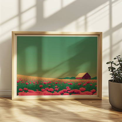 Romantische Wiese mit pinken Mohnblumen und roter Scheune unter weitem Himmel – friedliche, farbige Landschaftsillustration.. Rahmen natur 40x30