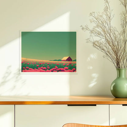 Romantische Wiese mit pinken Mohnblumen und roter Scheune unter weitem Himmel – friedliche, farbige Landschaftsillustration.. Ohne Rahmen 40x30