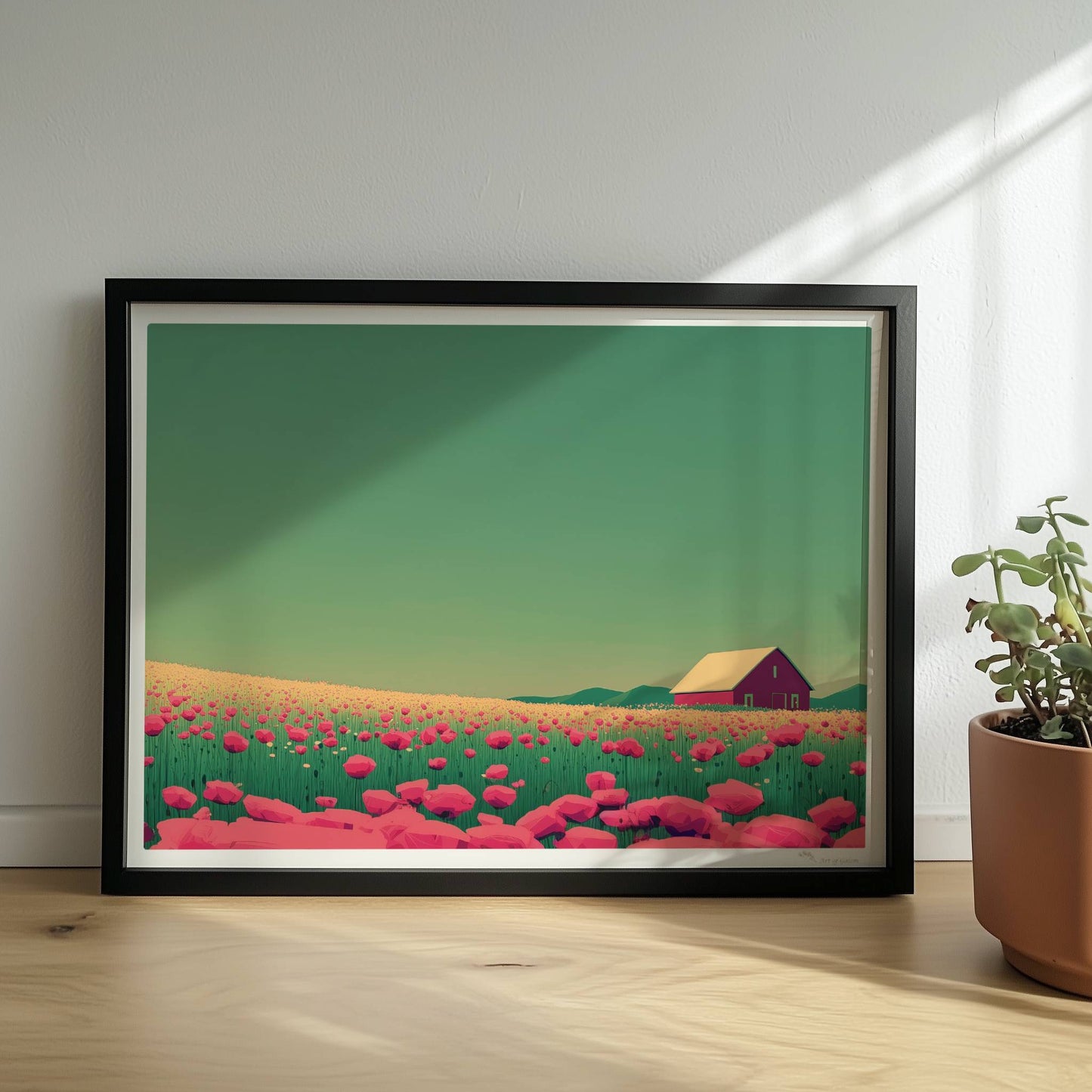 Romantische Wiese mit pinken Mohnblumen und roter Scheune unter weitem Himmel – friedliche, farbige Landschaftsillustration.. Rahmen schwarz 40x30