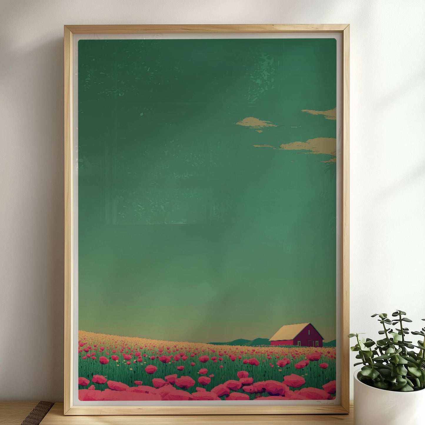 Romantische Wiese mit pinken Mohnblumen und roter Scheune unter weitem Himmel – friedliche, farbige Landschaftsillustration.. Rahmen natur 50x70