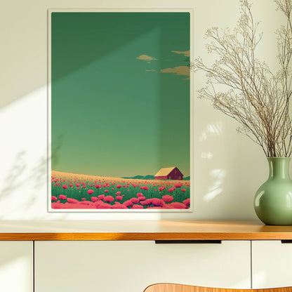 Romantische Wiese mit pinken Mohnblumen und roter Scheune unter weitem Himmel – friedliche, farbige Landschaftsillustration.. Ohne Rahmen 50x70