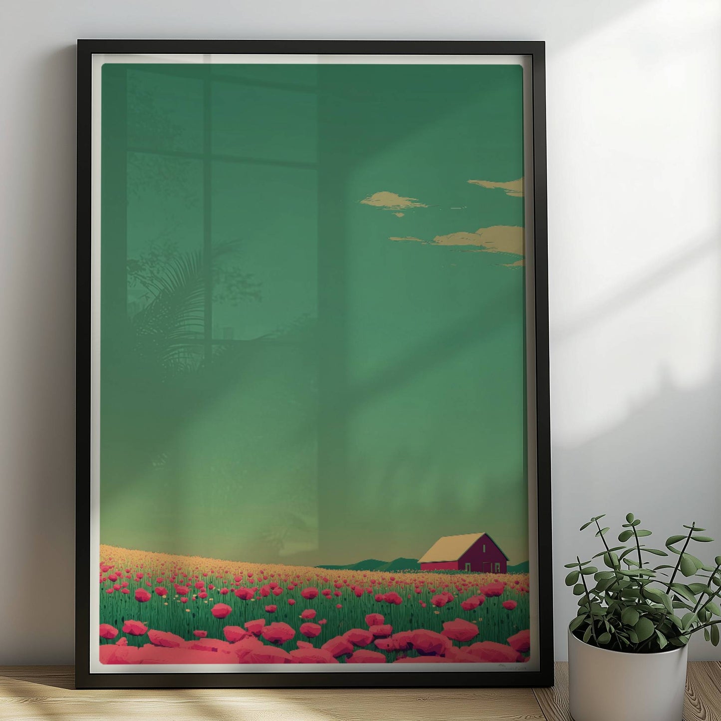 Romantische Wiese mit pinken Mohnblumen und roter Scheune unter weitem Himmel – friedliche, farbige Landschaftsillustration.. Rahmen schwarz 50x70