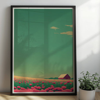 Romantische Wiese mit pinken Mohnblumen und roter Scheune unter weitem Himmel – friedliche, farbige Landschaftsillustration.. Rahmen schwarz 50x70
