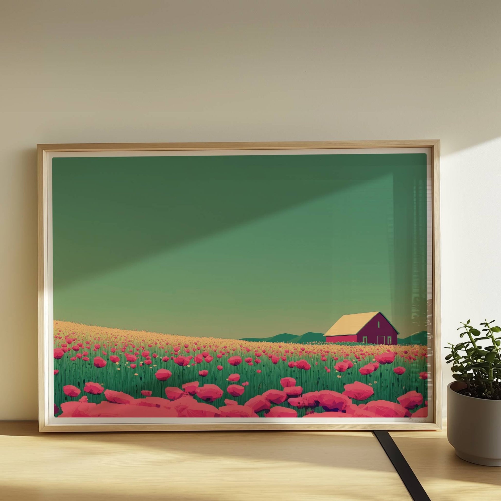 Romantische Wiese mit pinken Mohnblumen und roter Scheune unter weitem Himmel – friedliche, farbige Landschaftsillustration.. Rahmen natur 70x50