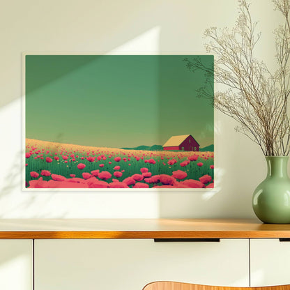 Romantische Wiese mit pinken Mohnblumen und roter Scheune unter weitem Himmel – friedliche, farbige Landschaftsillustration.. Ohne Rahmen 70x50
