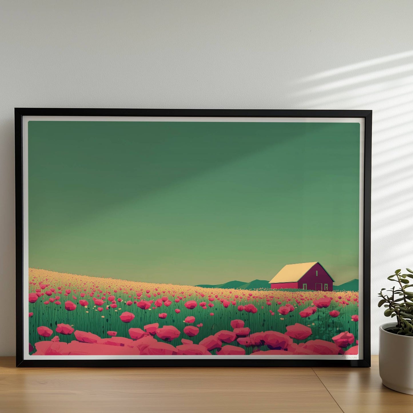 Romantische Wiese mit pinken Mohnblumen und roter Scheune unter weitem Himmel – friedliche, farbige Landschaftsillustration.. Rahmen schwarz 70x50