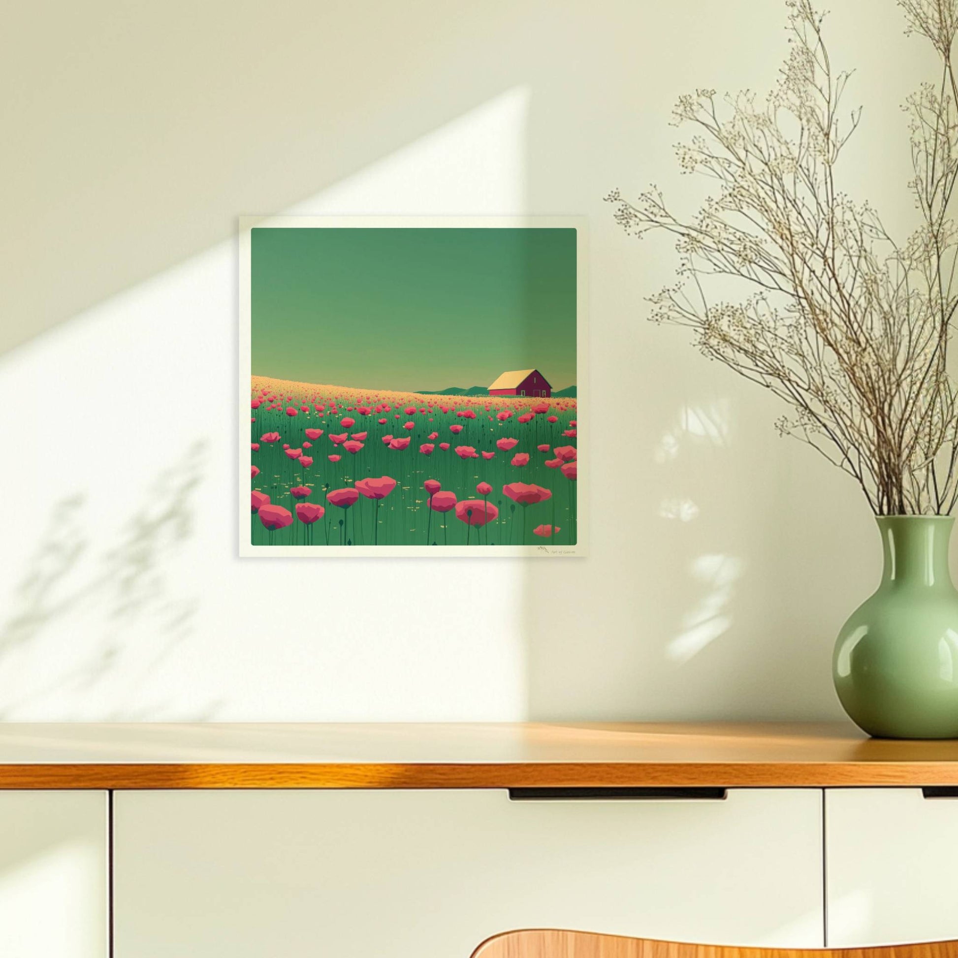 Blühende Mohnwiese mit roter Scheune im Hintergrund unter grünem Himmel – lebendige, idyllische Landschaft.. Ohne Rahmen 30x30