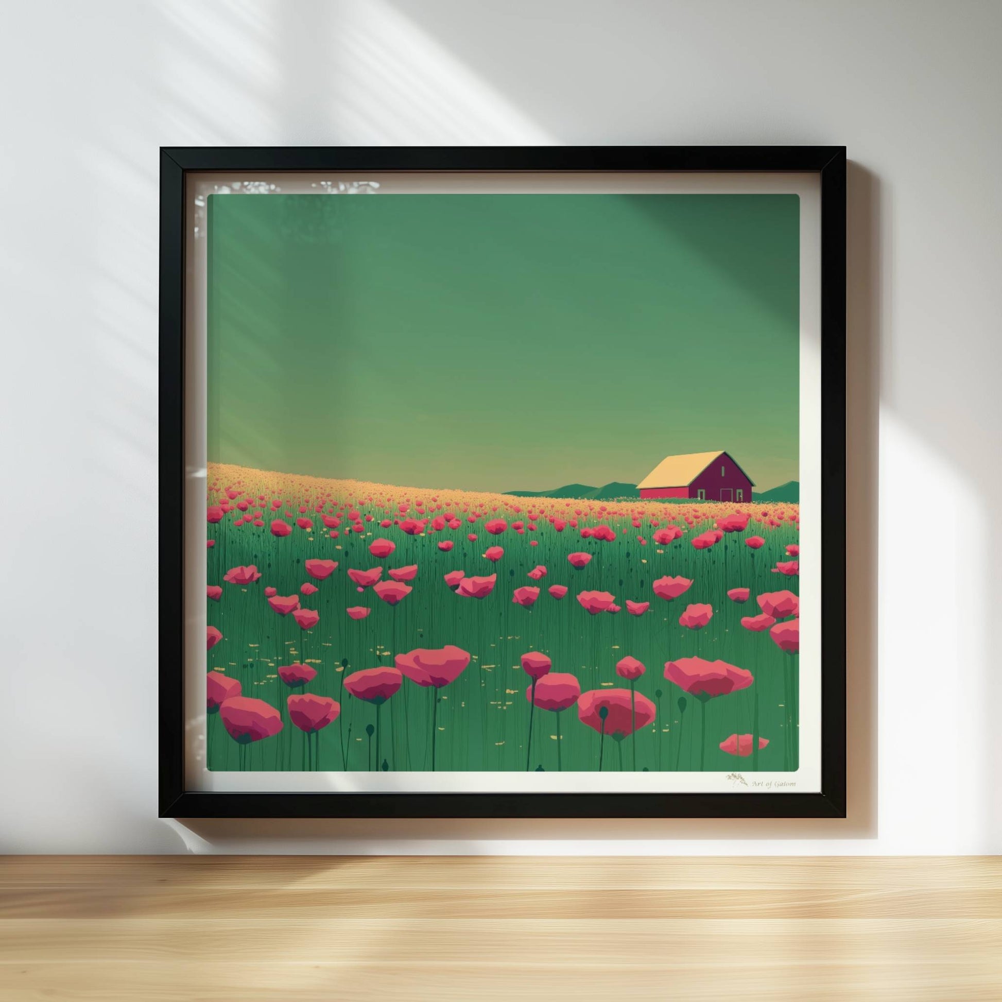 Blühende Mohnwiese mit roter Scheune im Hintergrund unter grünem Himmel – lebendige, idyllische Landschaft.. Rahmen schwarz 30x30