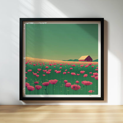 Blühende Mohnwiese mit roter Scheune im Hintergrund unter grünem Himmel – lebendige, idyllische Landschaft.. Rahmen schwarz 30x30