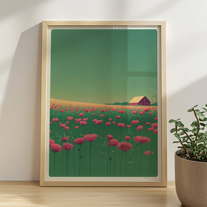 Blühende Mohnwiese mit roter Scheune im Hintergrund unter grünem Himmel – lebendige, idyllische Landschaft.. Rahmen natur 30x40