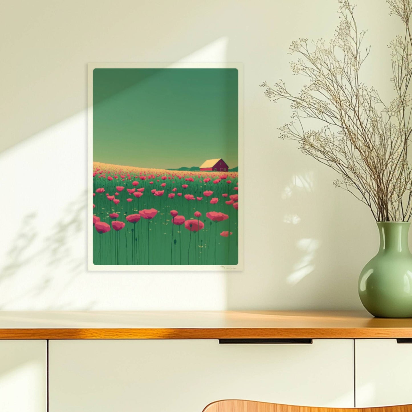 Blühende Mohnwiese mit roter Scheune im Hintergrund unter grünem Himmel – lebendige, idyllische Landschaft.. Ohne Rahmen 30x40