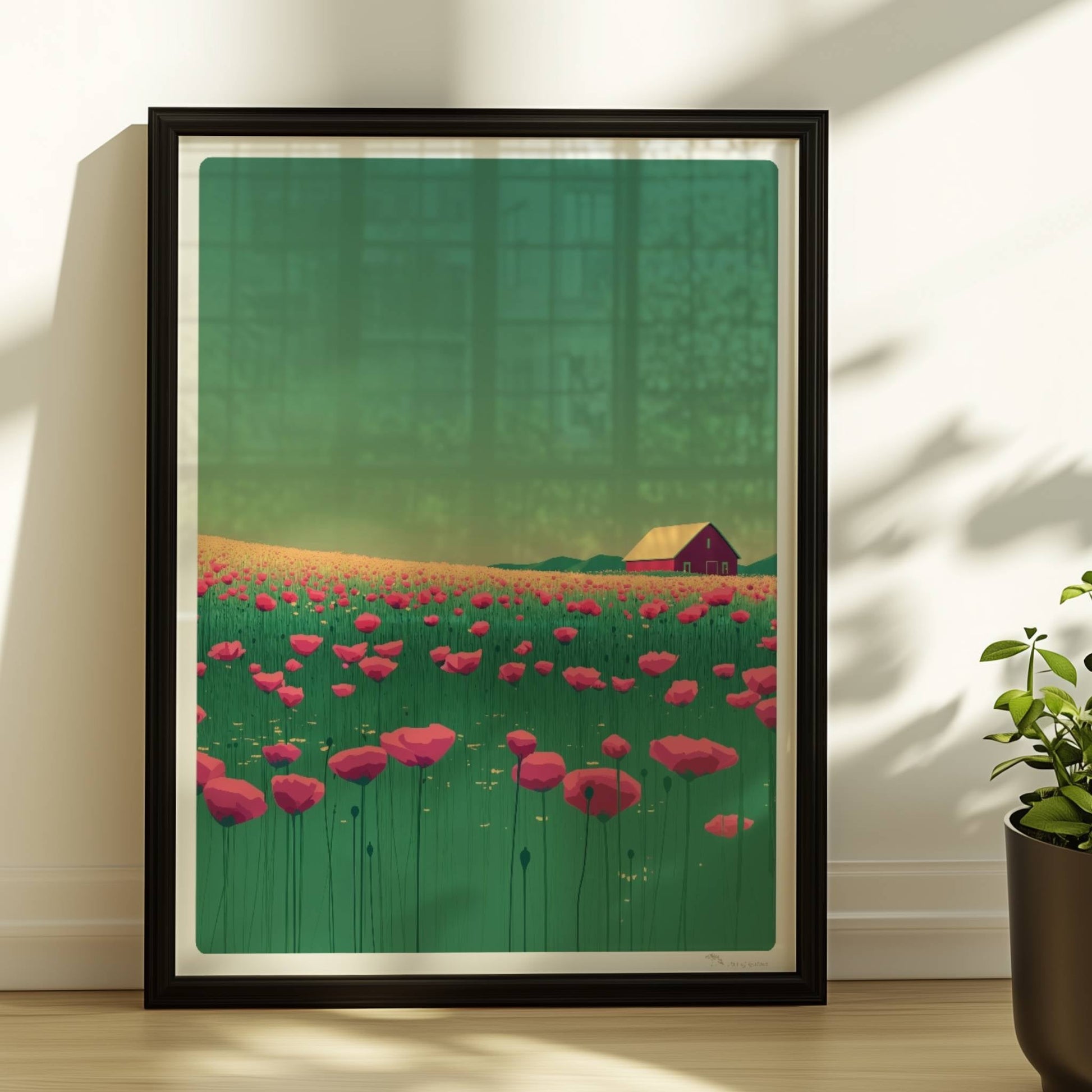 Blühende Mohnwiese mit roter Scheune im Hintergrund unter grünem Himmel – lebendige, idyllische Landschaft.. Rahmen schwarz 30x40