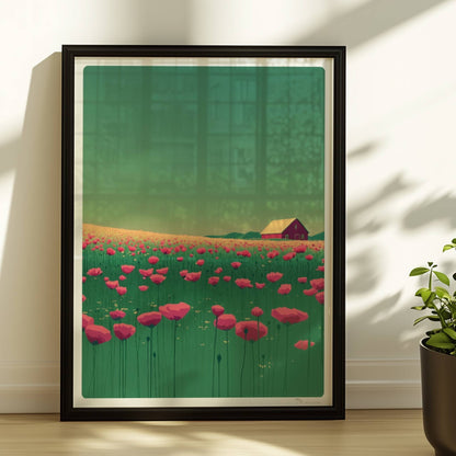 Blühende Mohnwiese mit roter Scheune im Hintergrund unter grünem Himmel – lebendige, idyllische Landschaft.. Rahmen schwarz 30x40