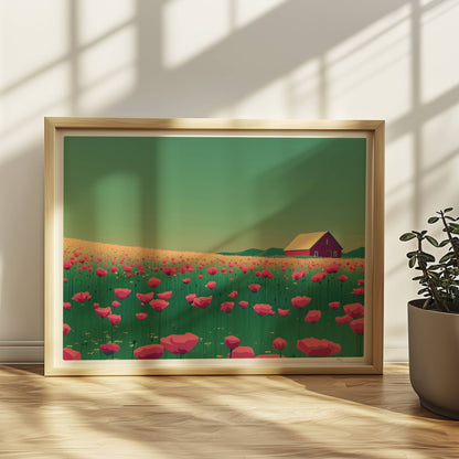 Blühende Mohnwiese mit roter Scheune im Hintergrund unter grünem Himmel – lebendige, idyllische Landschaft.. Rahmen natur 40x30