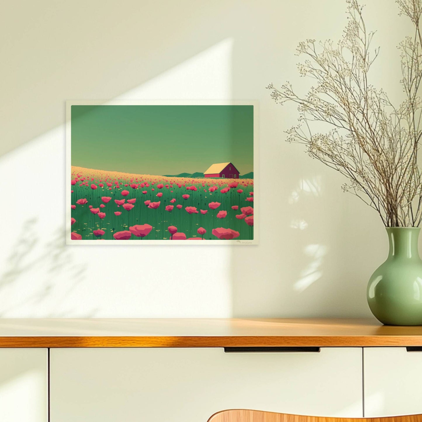 Blühende Mohnwiese mit roter Scheune im Hintergrund unter grünem Himmel – lebendige, idyllische Landschaft.. Ohne Rahmen 40x30