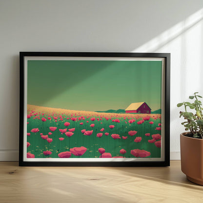 Blühende Mohnwiese mit roter Scheune im Hintergrund unter grünem Himmel – lebendige, idyllische Landschaft.. Rahmen schwarz 40x30