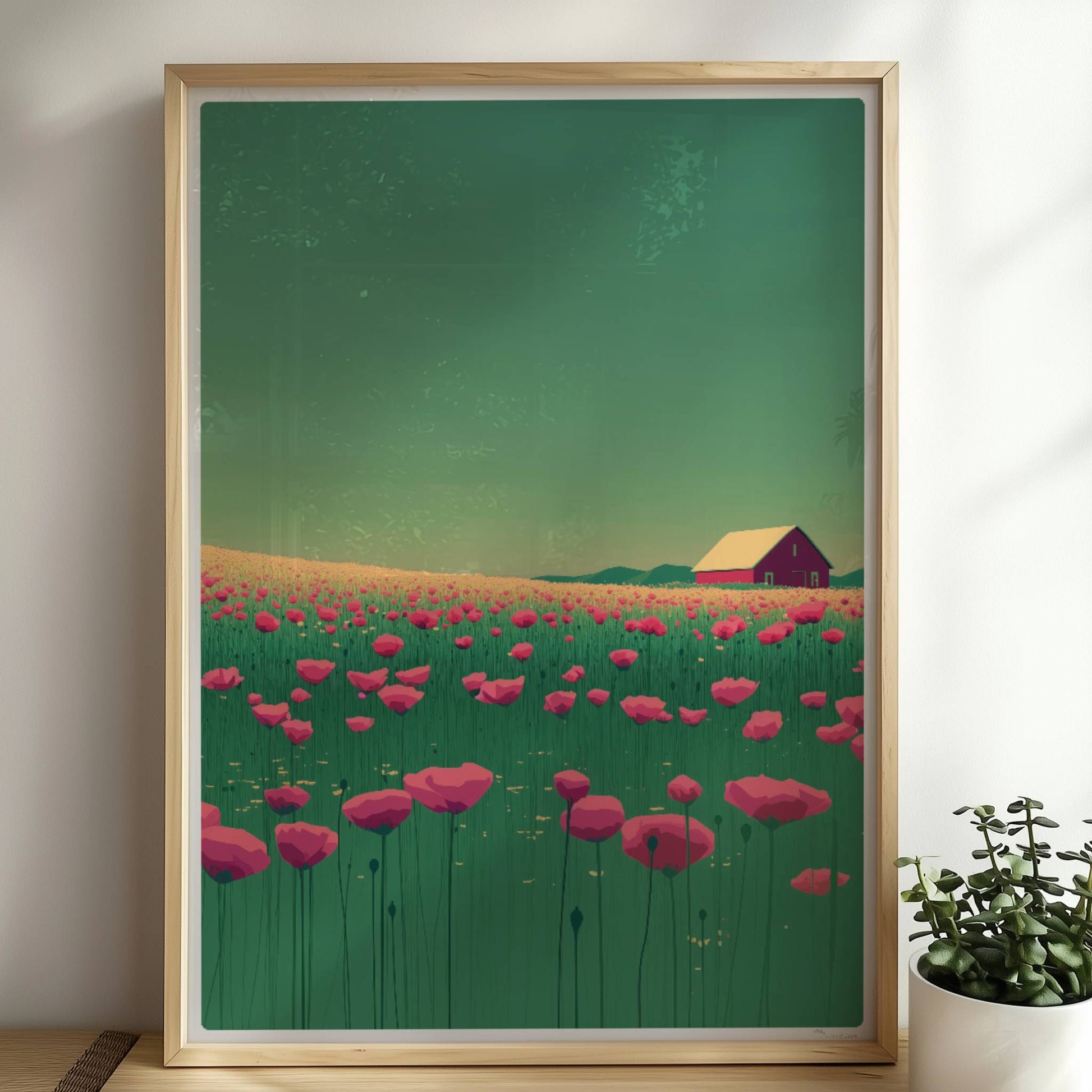 Blühende Mohnwiese mit roter Scheune im Hintergrund unter grünem Himmel – lebendige, idyllische Landschaft.. Rahmen natur 50x70