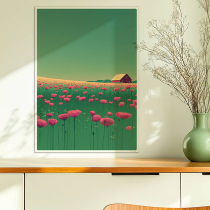 Blühende Mohnwiese mit roter Scheune im Hintergrund unter grünem Himmel – lebendige, idyllische Landschaft.. Ohne Rahmen 50x70