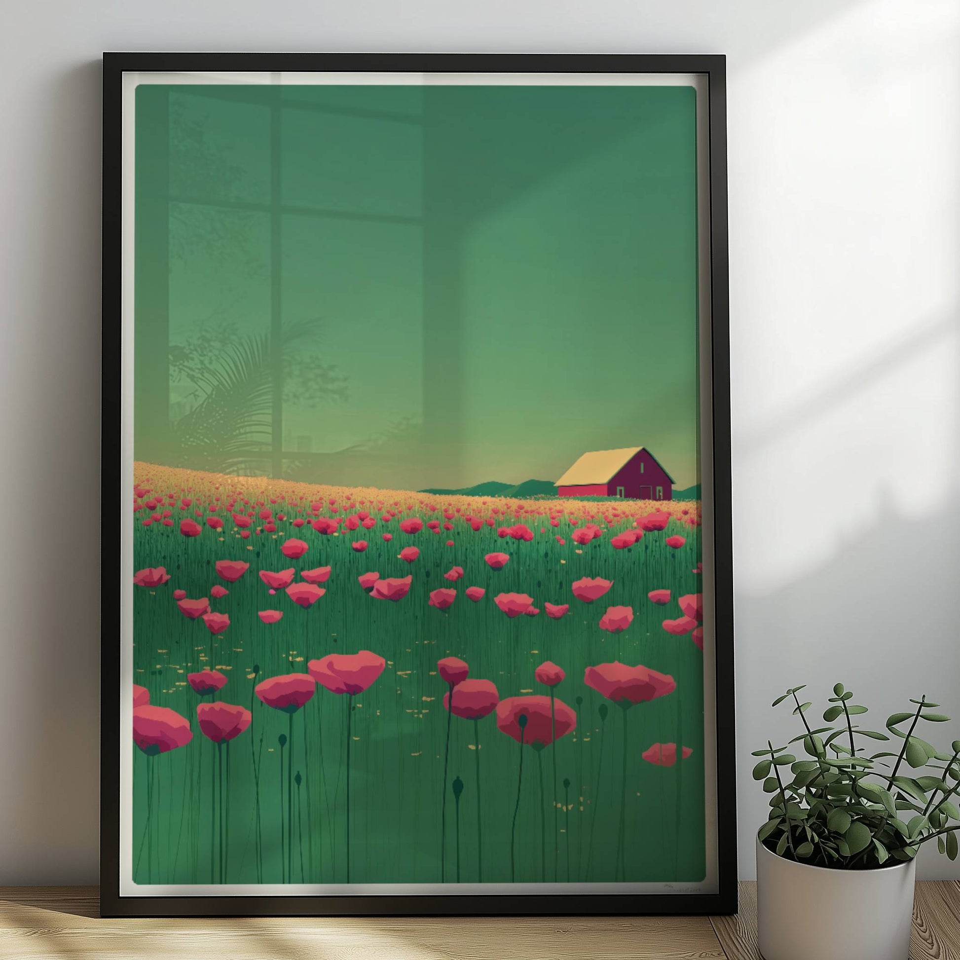 Blühende Mohnwiese mit roter Scheune im Hintergrund unter grünem Himmel – lebendige, idyllische Landschaft.. Rahmen schwarz 50x70