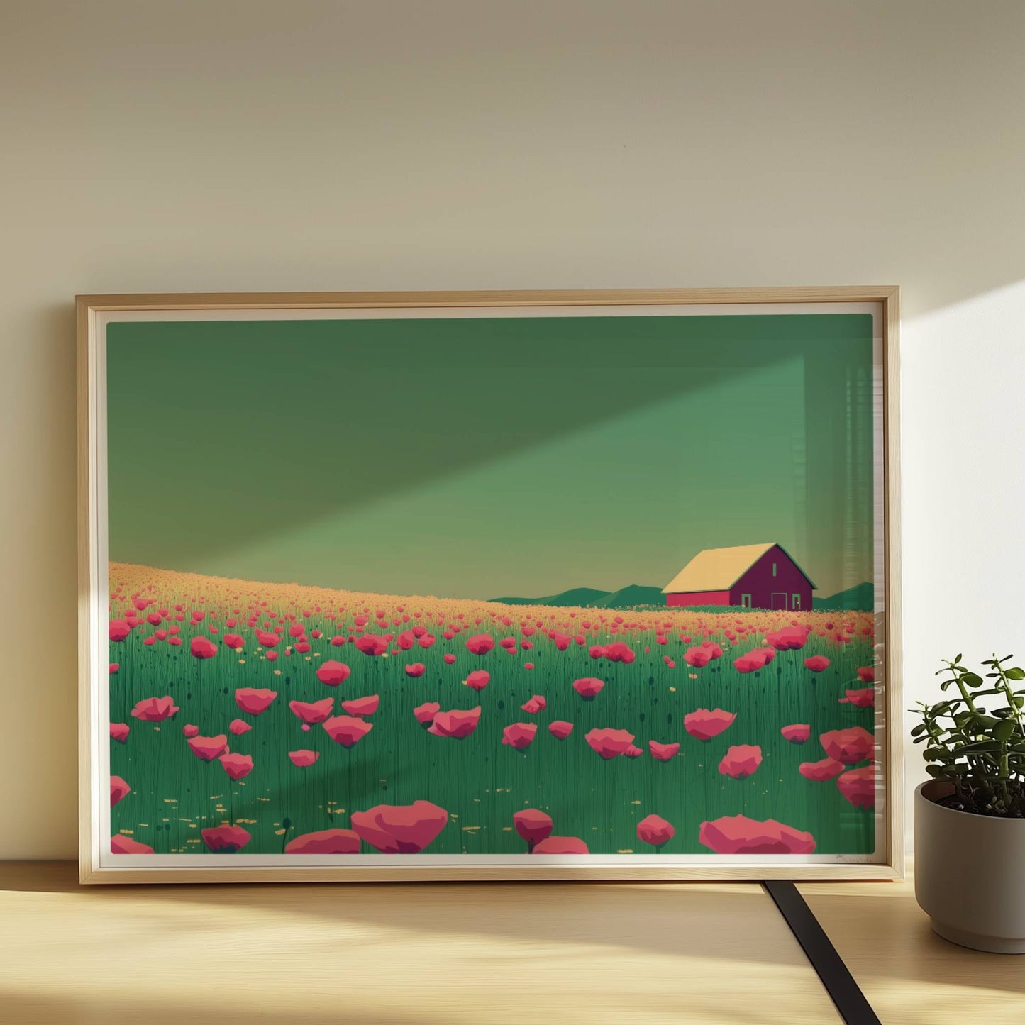 Blühende Mohnwiese mit roter Scheune im Hintergrund unter grünem Himmel – lebendige, idyllische Landschaft.. Rahmen natur 70x50