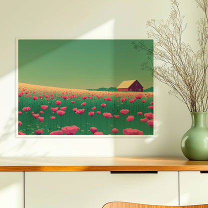 Blühende Mohnwiese mit roter Scheune im Hintergrund unter grünem Himmel – lebendige, idyllische Landschaft.. Ohne Rahmen 70x50