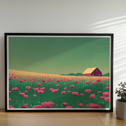 Blühende Mohnwiese mit roter Scheune im Hintergrund unter grünem Himmel – lebendige, idyllische Landschaft.. Rahmen schwarz 70x50