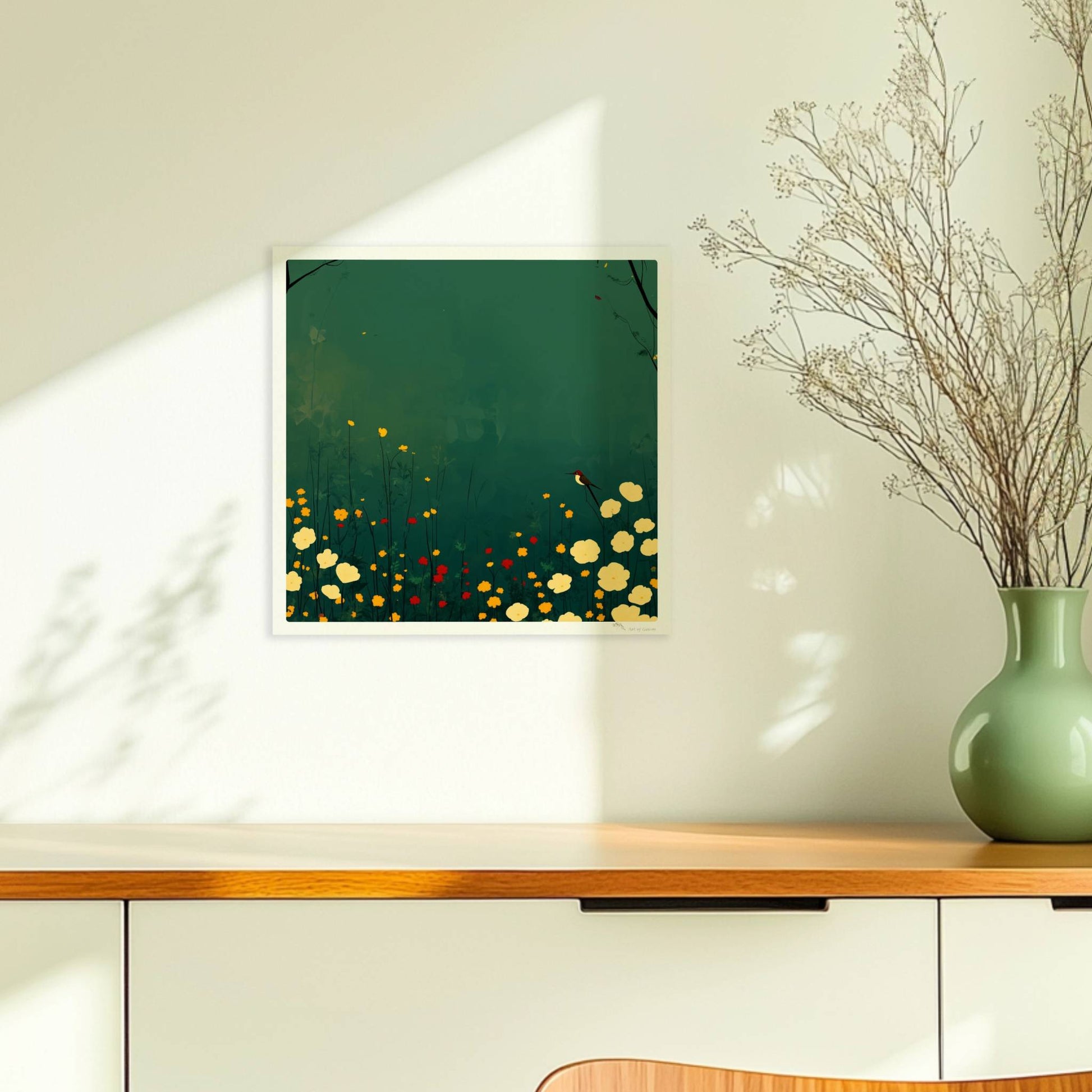 Romantische Wildblumenwiese mit weißen, gelben und roten Blüten, Vogel auf Blütenstiel, tiefgrüner Hintergrund – poetische Naturillustration.. Ohne Rahmen 30x30