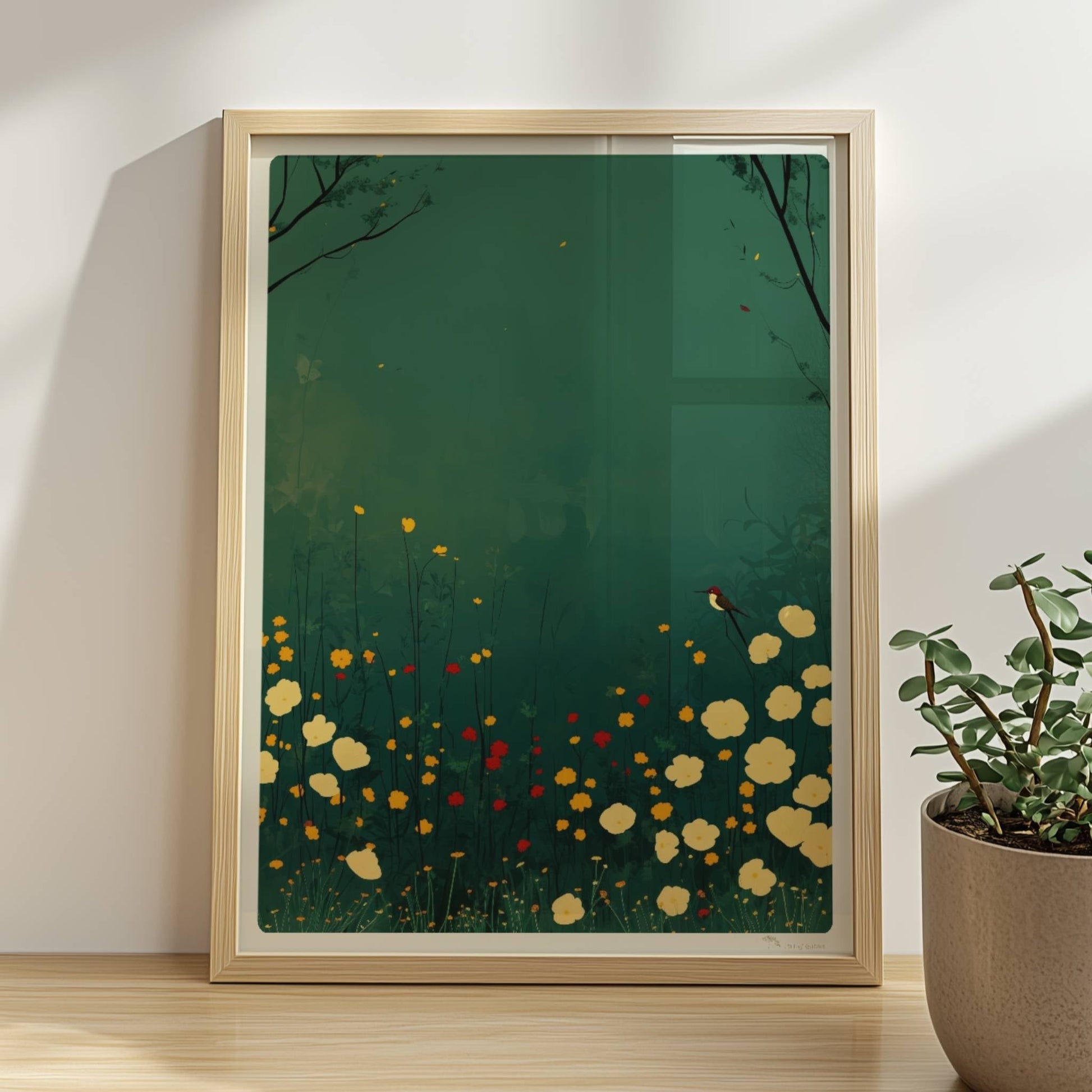 Romantische Wildblumenwiese mit weißen, gelben und roten Blüten, Vogel auf Blütenstiel, tiefgrüner Hintergrund – poetische Naturillustration.. Rahmen natur 30x40