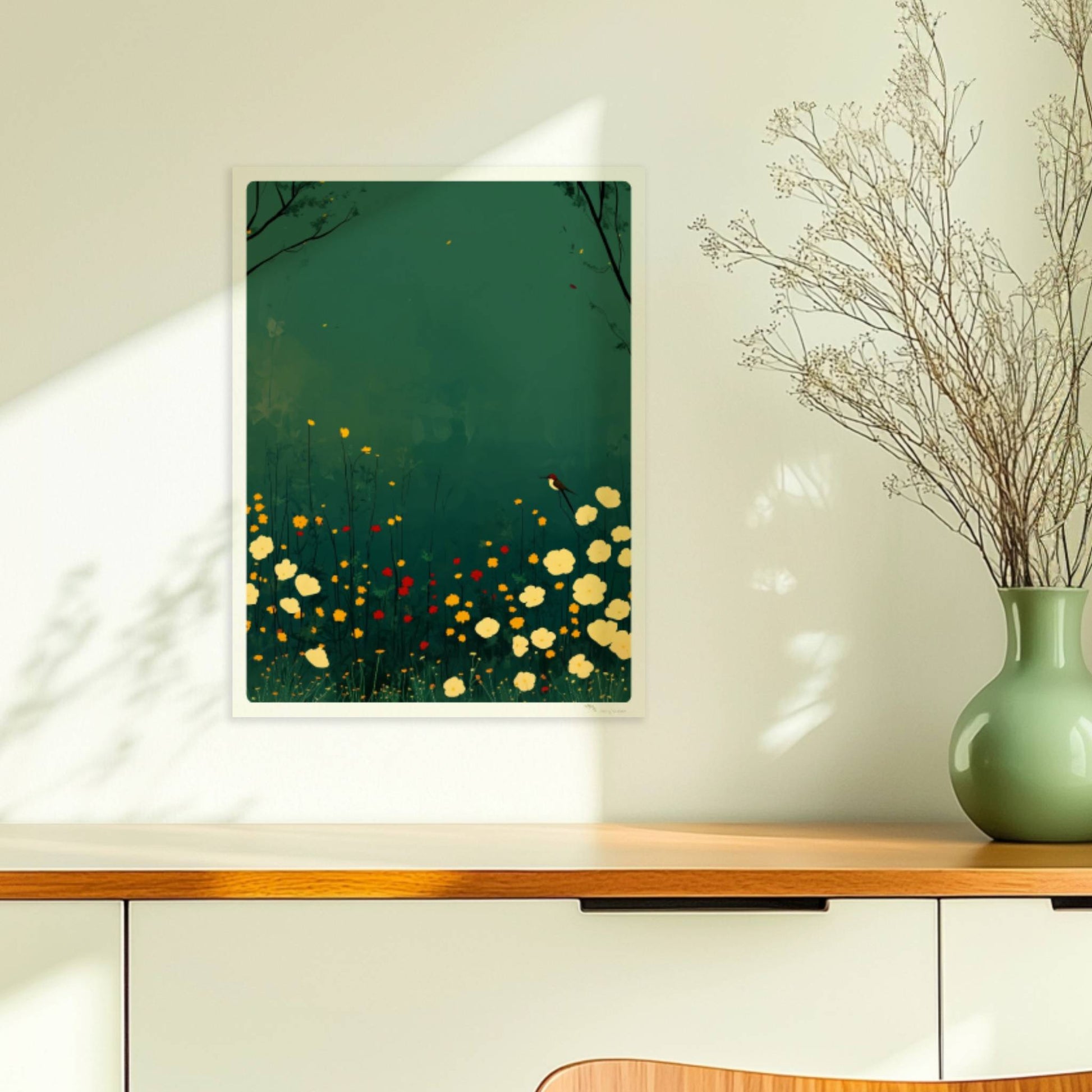 Romantische Wildblumenwiese mit weißen, gelben und roten Blüten, Vogel auf Blütenstiel, tiefgrüner Hintergrund – poetische Naturillustration.. Ohne Rahmen 30x40