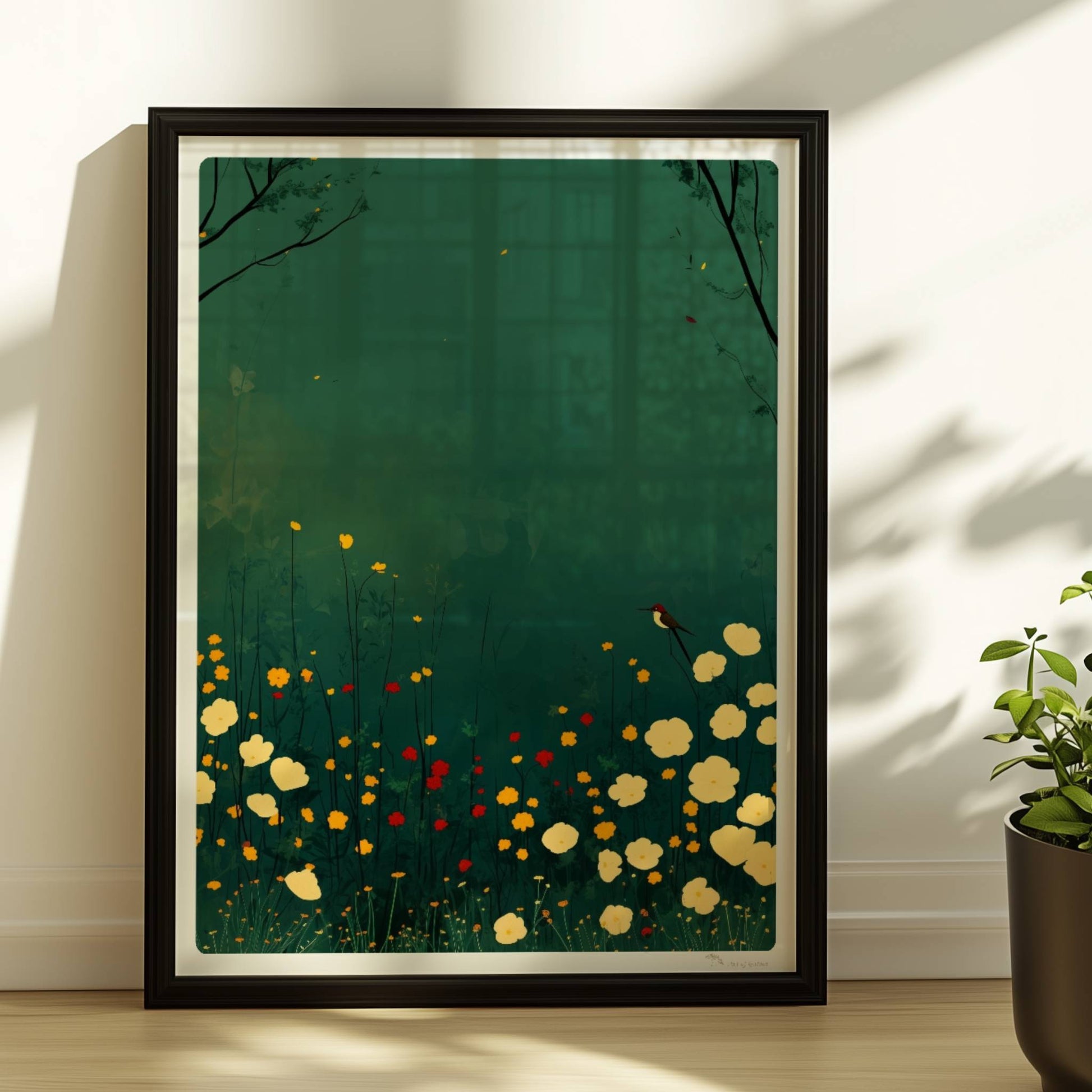 Romantische Wildblumenwiese mit weißen, gelben und roten Blüten, Vogel auf Blütenstiel, tiefgrüner Hintergrund – poetische Naturillustration.. Rahmen schwarz 30x40