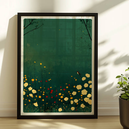 Romantische Wildblumenwiese mit weißen, gelben und roten Blüten, Vogel auf Blütenstiel, tiefgrüner Hintergrund – poetische Naturillustration.. Rahmen schwarz 30x40