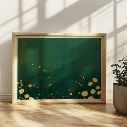 Romantische Wildblumenwiese mit weißen, gelben und roten Blüten, Vogel auf Blütenstiel, tiefgrüner Hintergrund – poetische Naturillustration.. Rahmen natur 40x30
