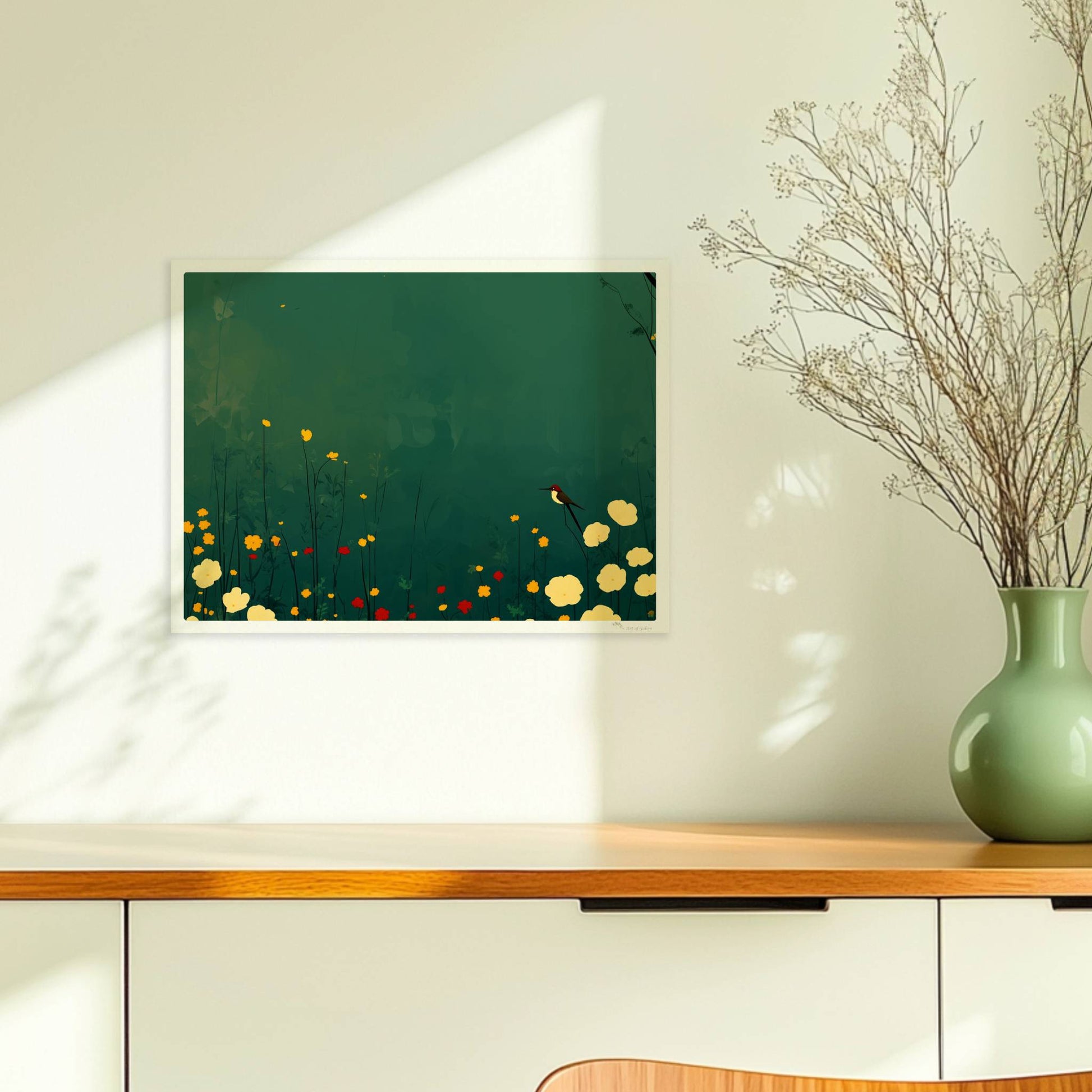 Romantische Wildblumenwiese mit weißen, gelben und roten Blüten, Vogel auf Blütenstiel, tiefgrüner Hintergrund – poetische Naturillustration.. Ohne Rahmen 40x30