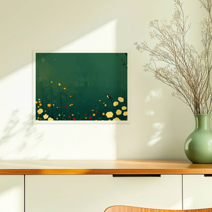Romantische Wildblumenwiese mit weißen, gelben und roten Blüten, Vogel auf Blütenstiel, tiefgrüner Hintergrund – poetische Naturillustration.. Ohne Rahmen 40x30