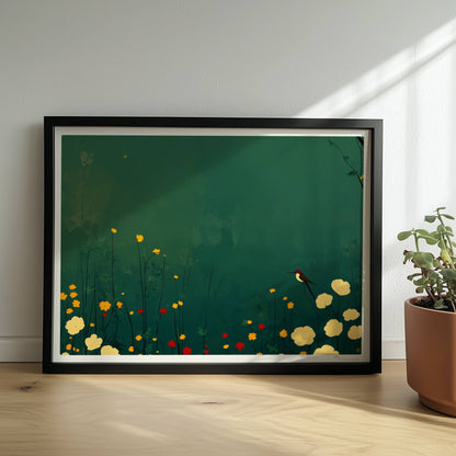 Romantische Wildblumenwiese mit weißen, gelben und roten Blüten, Vogel auf Blütenstiel, tiefgrüner Hintergrund – poetische Naturillustration.. Rahmen schwarz 40x30