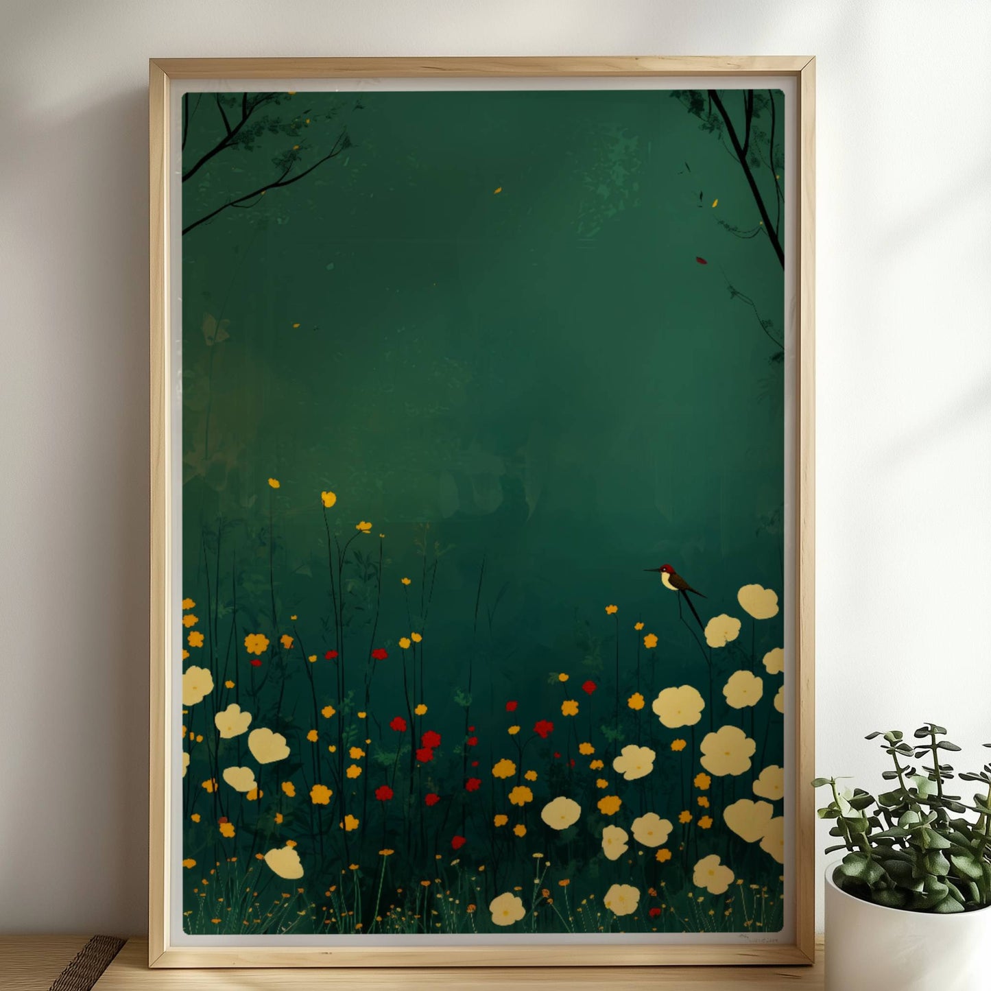 Romantische Wildblumenwiese mit weißen, gelben und roten Blüten, Vogel auf Blütenstiel, tiefgrüner Hintergrund – poetische Naturillustration.. Rahmen natur 50x70