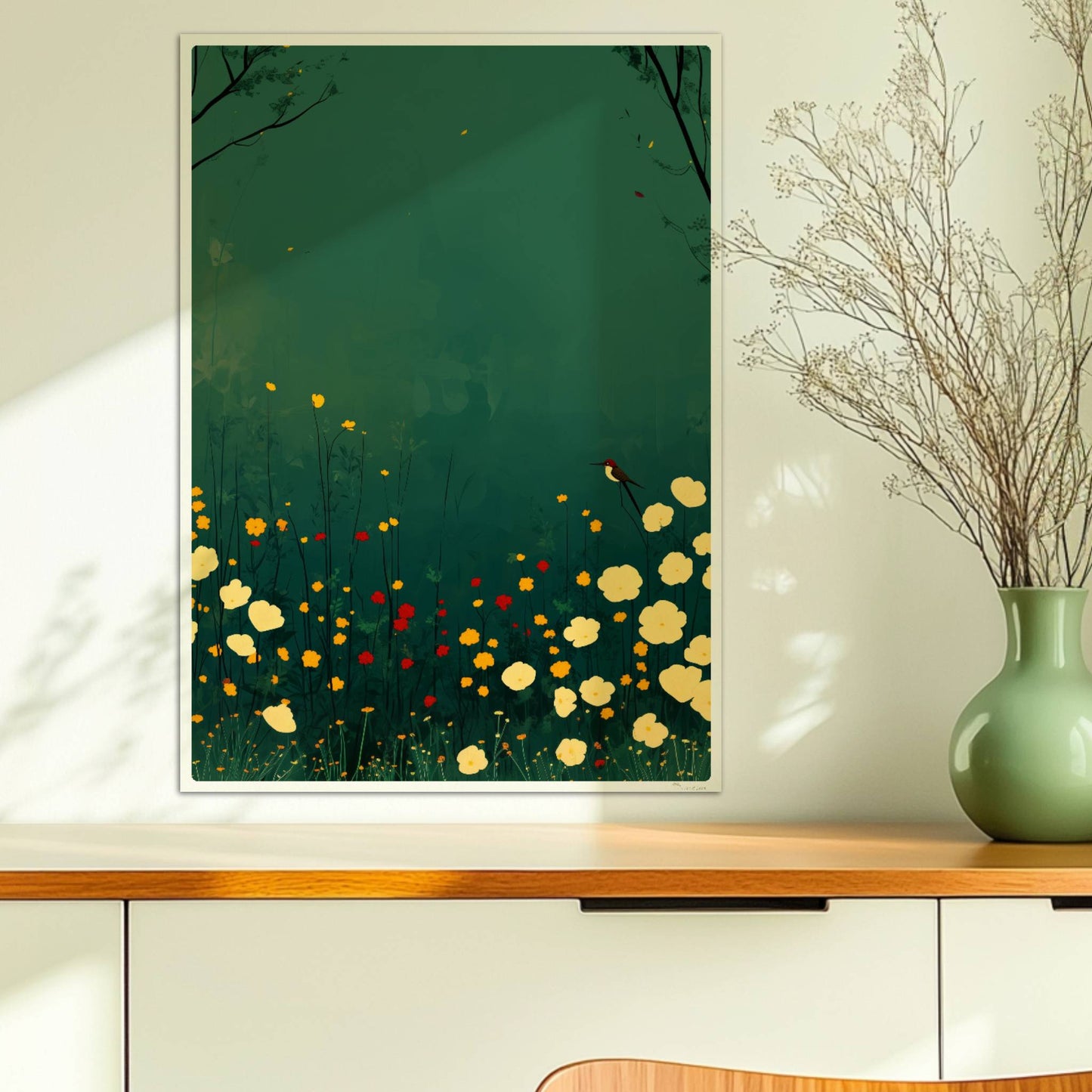 Romantische Wildblumenwiese mit weißen, gelben und roten Blüten, Vogel auf Blütenstiel, tiefgrüner Hintergrund – poetische Naturillustration.. Ohne Rahmen 50x70