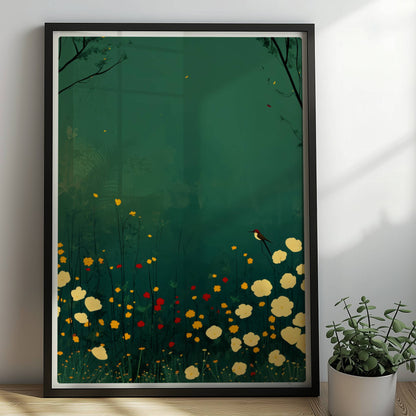 Romantische Wildblumenwiese mit weißen, gelben und roten Blüten, Vogel auf Blütenstiel, tiefgrüner Hintergrund – poetische Naturillustration.. Rahmen schwarz 50x70