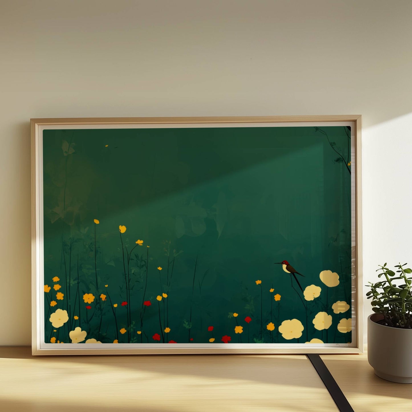 Romantische Wildblumenwiese mit weißen, gelben und roten Blüten, Vogel auf Blütenstiel, tiefgrüner Hintergrund – poetische Naturillustration.. Rahmen natur 70x50