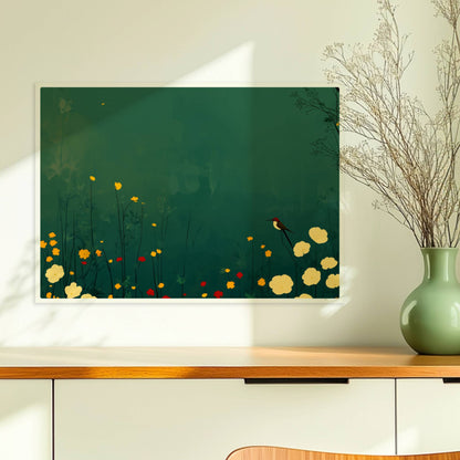 Romantische Wildblumenwiese mit weißen, gelben und roten Blüten, Vogel auf Blütenstiel, tiefgrüner Hintergrund – poetische Naturillustration.. Ohne Rahmen 70x50