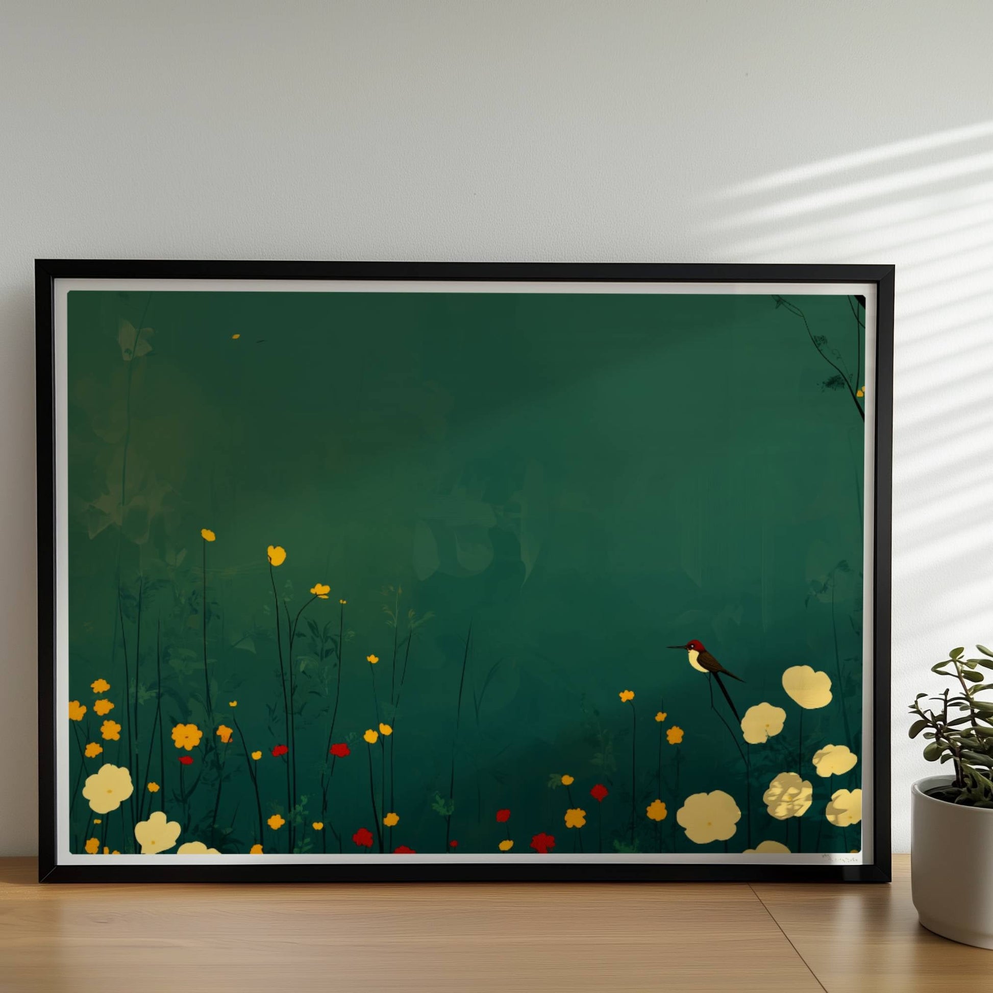 Romantische Wildblumenwiese mit weißen, gelben und roten Blüten, Vogel auf Blütenstiel, tiefgrüner Hintergrund – poetische Naturillustration.. Rahmen schwarz 70x50