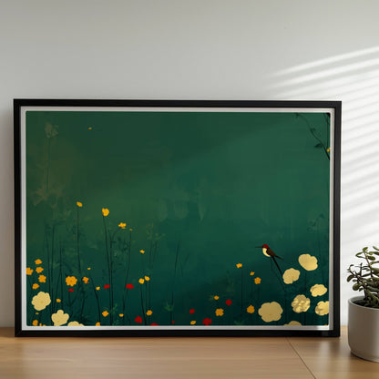 Romantische Wildblumenwiese mit weißen, gelben und roten Blüten, Vogel auf Blütenstiel, tiefgrüner Hintergrund – poetische Naturillustration.. Rahmen schwarz 70x50